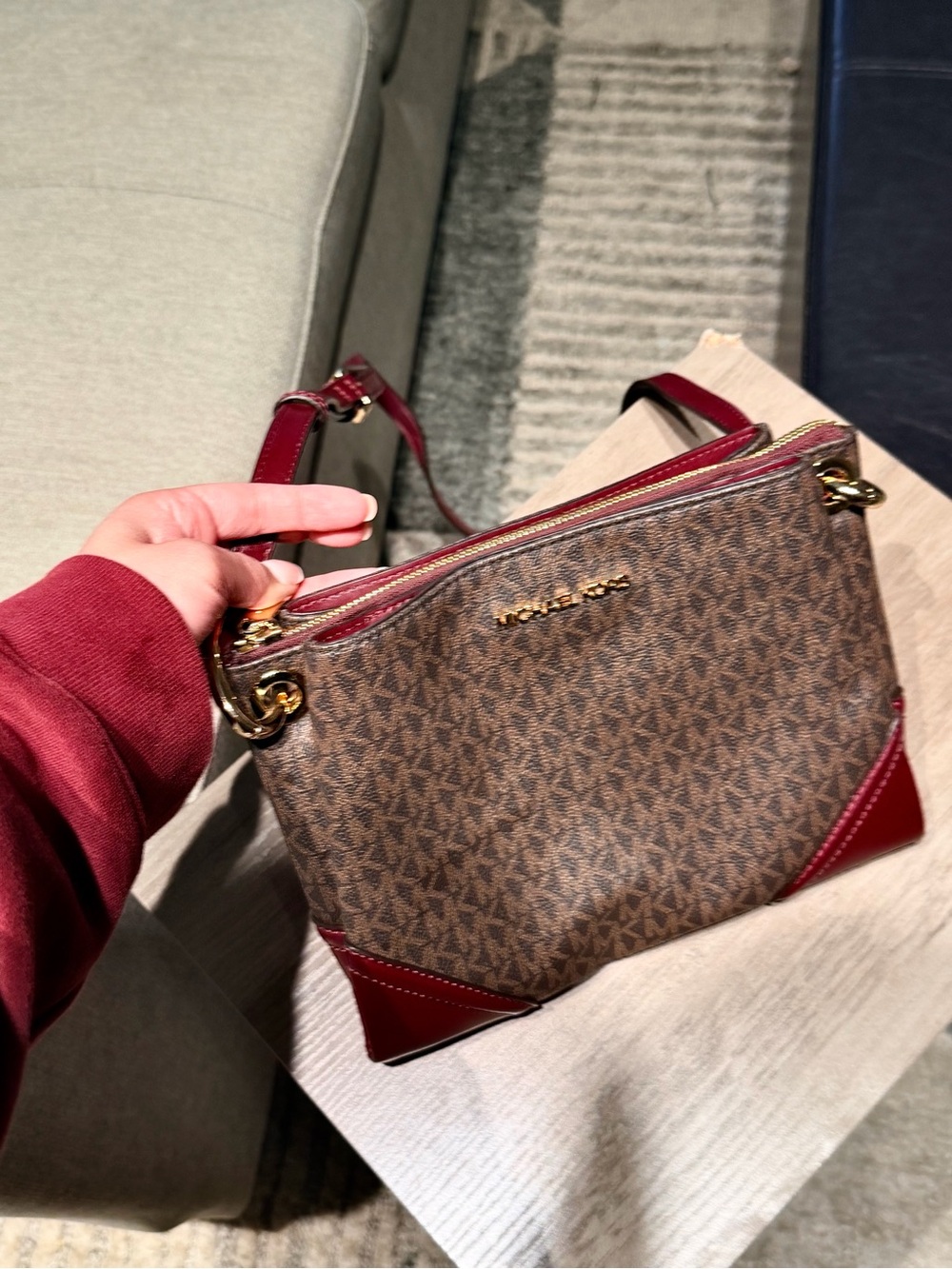 Michael Kors Monogram Jet Set Logo Crossbody Bag - Brown with Burgundy Accents